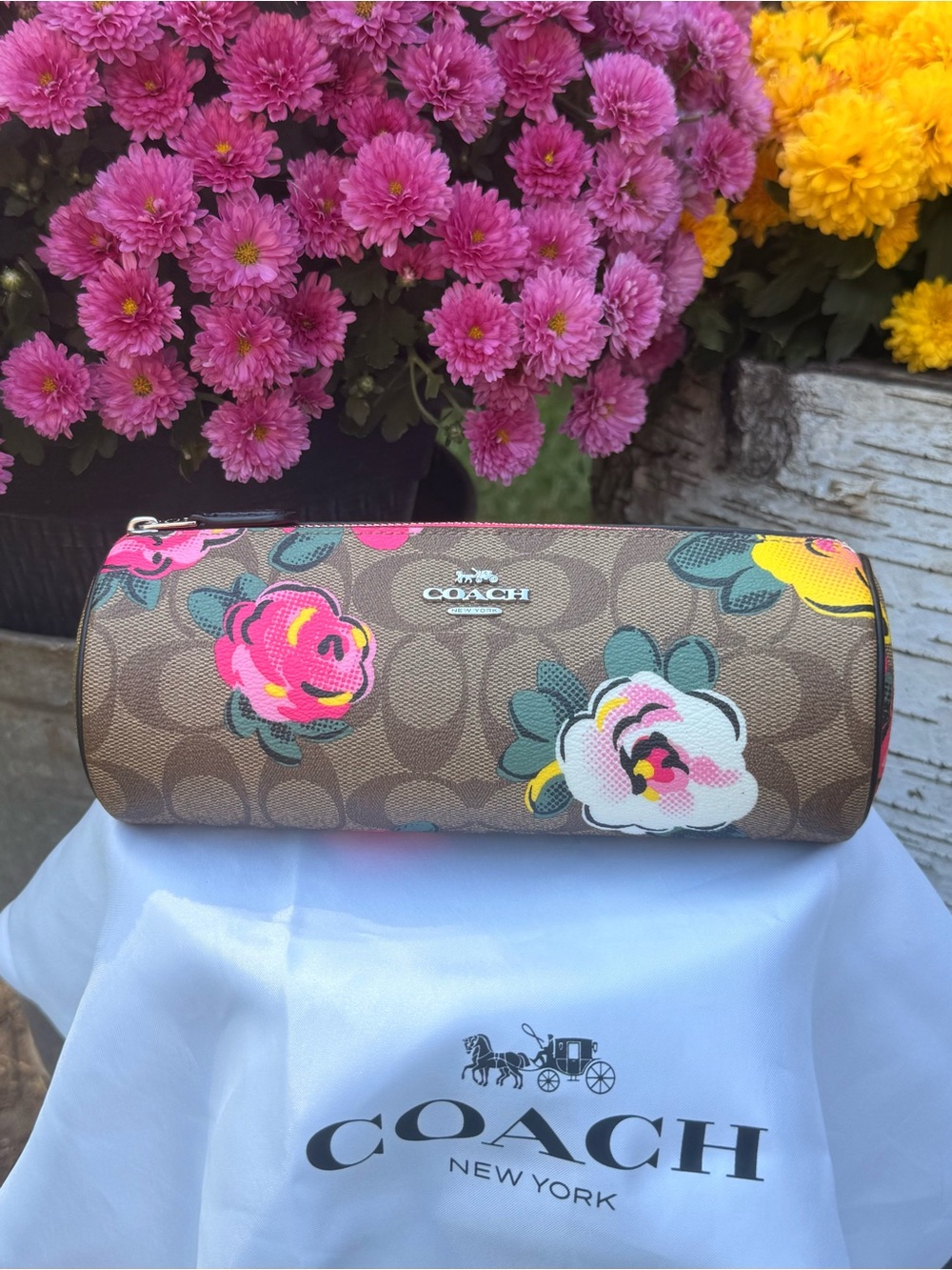 Coach Vintage Rose Signature Canvas Makeup Brush Holder Khaki Floral C5890 🌸🌼